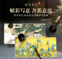 古風(fēng)彩繪茶巾國(guó)潮禪意桌旗加厚吸水茶道毛巾磨毛吸水方巾茶布批發(fā)
