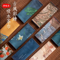 古風(fēng)彩繪茶巾國(guó)潮禪意桌旗加厚吸水茶道毛巾磨毛吸水方巾茶布批發(fā)